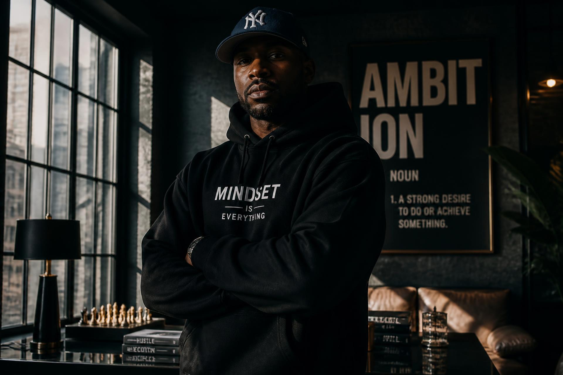 Snudos founder in heavyweight black hoodie and fitted cap